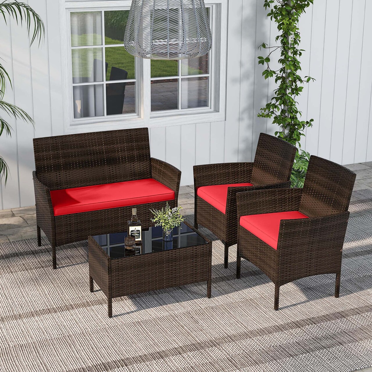 Costway 4 PCS Patio Furniture Set with Washable Cushions and Tempered Glass Coffee Table Beige/Black/Navy/Grey/Turquoise/Red/Blue/Orange